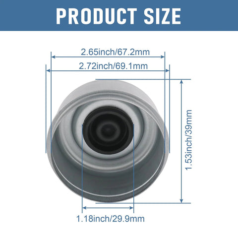 Front view of Beefy Heavy Duty Trailer Axle Wheel Hub Dust Cap Set Four Pieces Two Point Seven Two Inch with dimensions.