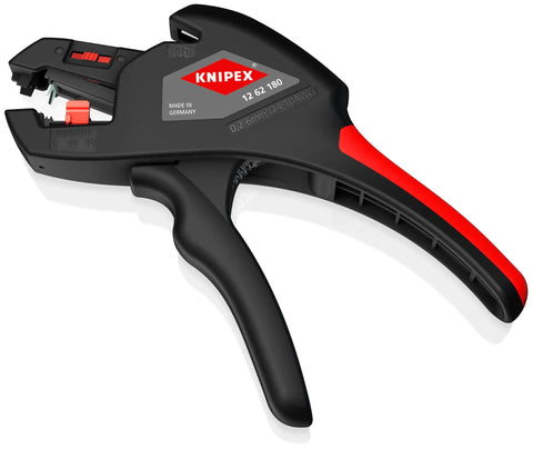 Black and red ComStrip Automatic Wire Stripper For 10-24 AWG Cables, Pro Grade Auto Adjusts To Wire Size, Lightweight Easy Grip tool