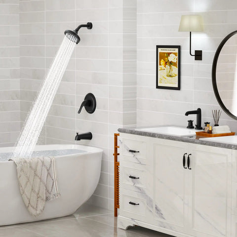 Bathroom with Matte Black 9 Setting Rain Shower Head Tub And Shower Faucet Set With Single Handle Valve Trim Kit Upgrade Your Bath High Pressure