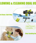 Cordless HVLP Paint Sprayer With 200W Brushless Motor And Roomy Cup in use, blowing dust off a wooden fence outdoors.