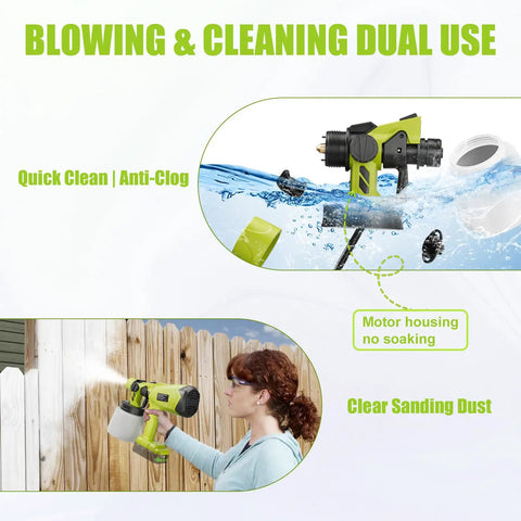 Cordless HVLP Paint Sprayer With 200W Brushless Motor And Roomy Cup in use, blowing dust off a wooden fence outdoors.