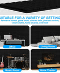 Four Pack Heavy Duty Acoustic Foam Panels Top Tier Sound Deadening Wall Tiles in varied settings like office, living room, music room.