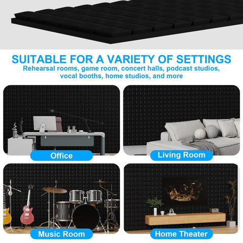 Four Pack Heavy Duty Acoustic Foam Panels Top Tier Sound Deadening Wall Tiles in varied settings like office, living room, music room.