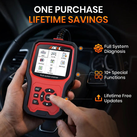 Hands holding Beefed-Up All-In-One Volkswagen Group OBD2 Scan Tool For Volkswagen Audi Skoda Seat With Battery Registration And EPB Reset OBD11 Code Reader With Full Diagnostics For VAG Cars Up To 2023 Upgraded VD700 in a car interior