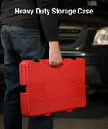 Person holding rugged case for 26-Piece Half Inch Drive Deep Impact Socket Set Metric 10mm To 36mm In Cr-Mo Alloy Steel Radius Corner Design