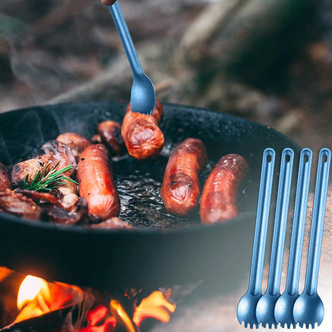 Ultralight Titanium Long-Handle Spork Set, 4-Pack, 8.7 Inch Spoon Camping Utensils in use over campfire with sausages