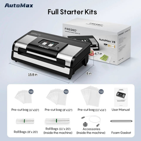 High Power Auto Vacuum Sealer With 95KPa Vacuum No Fuss Dry Wet Detection Built In Bag Cutter Includes Two Rolls Of Bags