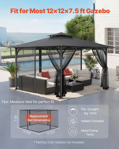 Gazebo Netting Replacement For Most 11.5 Ft Square Or Rectangular Gazebos With 4 Panel Mesh Sidewalls And Double Zipper Outdoor Garden Midge Netting Canopy Screen To Keep Bugs Out shown on patio