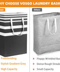 Comparison of a Vosgo freestanding black laundry basket with another striped basket.