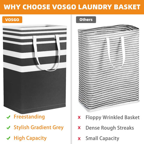 Comparison of a Vosgo freestanding black laundry basket with another striped basket.