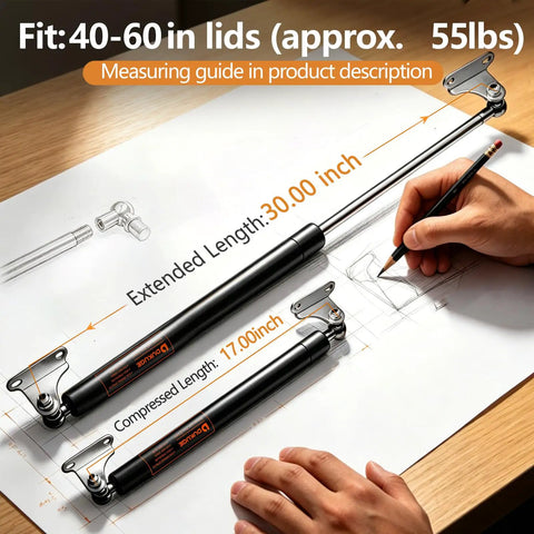 Heavy Duty Gas Struts With Mounting Brackets Set Of Two, measuring 30 inch extended, 17 inch compressed, ideal for 40-60 inch lids.