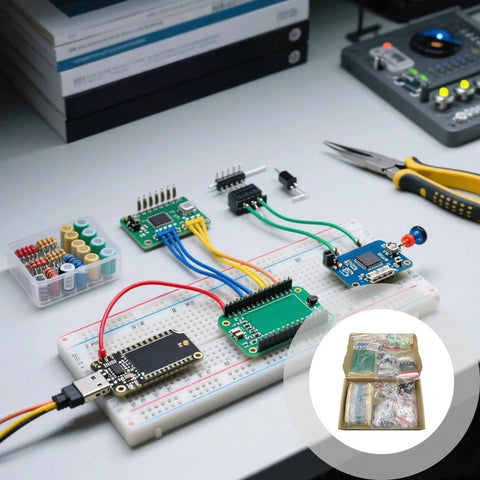 1900 Piece Electronic Component Kit For DIY Electronics Projects With Resistors Capacitors LEDs Transistors Diodes And PCB Boards All In One Bundle For Endless Prototyping And Learning on a breadboard setup with tools.