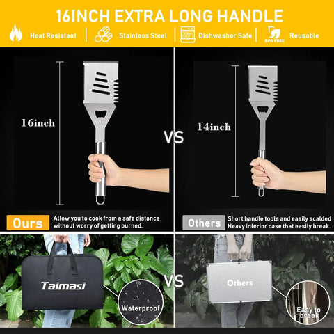 Comparison of 16-inch and 14-inch grill spatulas from 34 Piece Grill Accessory Set With Heavy Duty Stainless Steel Tools Built In Thermometer.