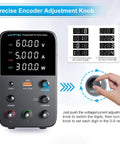Variable Bench Power Supply With Switch And Alarm, 60V 5A, LED Display, USB Quick Charge with adjustment knob in use