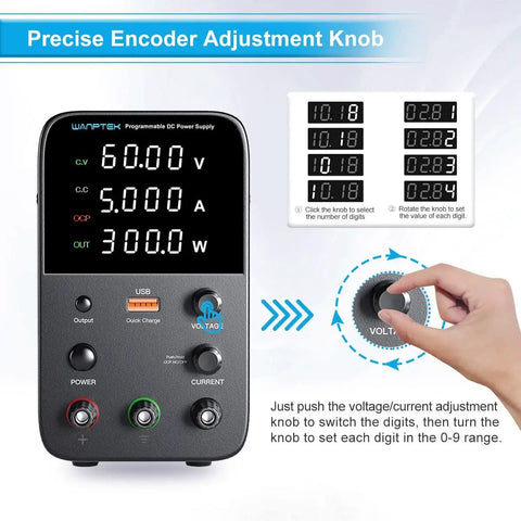 Variable Bench Power Supply With Switch And Alarm, 60V 5A, LED Display, USB Quick Charge with adjustment knob in use