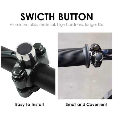 Close-up of 7/8 Inch Handlebar Horn Start Switch Button With Momentary Action Waterproof Aluminum Black mounted on bike