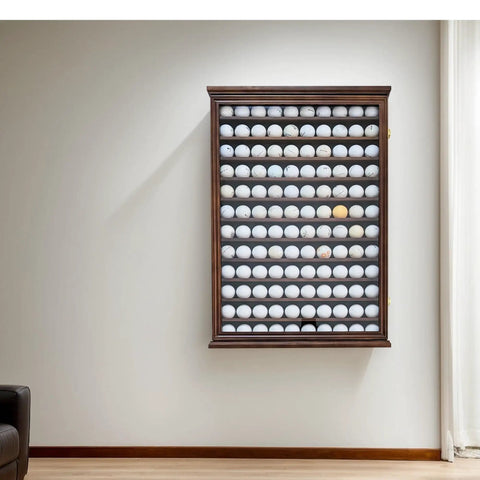 Roomy 120 Ball Golf Ball Display Case with UV protection and lockable beech wood cabinet in walnut finish mounted on wall