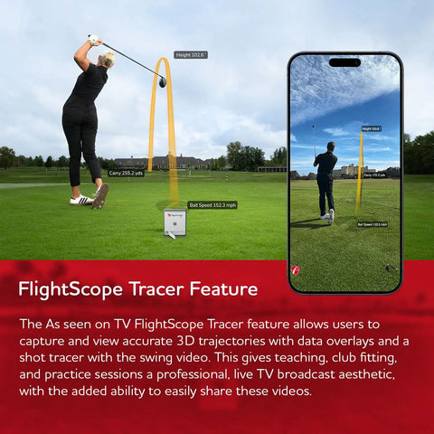 Mevo Gen2 Portable Golf Launch Monitor showing golf swing with tracer feature on mobile display