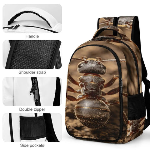 Dope Wild Ant Printed Unisex Backpack with large capacity, durable polyester, detailed ant print, handle, shoulder strap, zippers