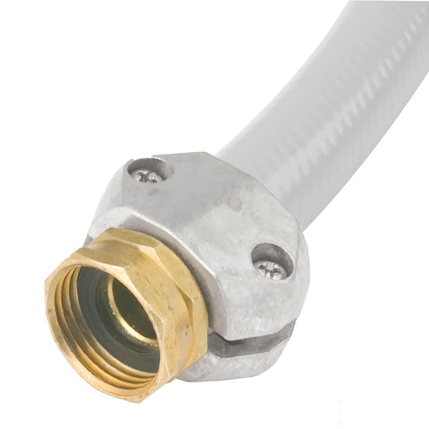 Close-up of Brass Garden Hose Repair Kit Clamp Mender With Female Hose End For Five Eighth Inch And Three Quarter Inch Hoses Swivel Attachment