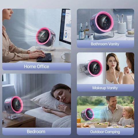 Desk Fan For Bedroom And Office With 100 Speed Levels And Digital Display, USB fan in various home and outdoor settings, pink.