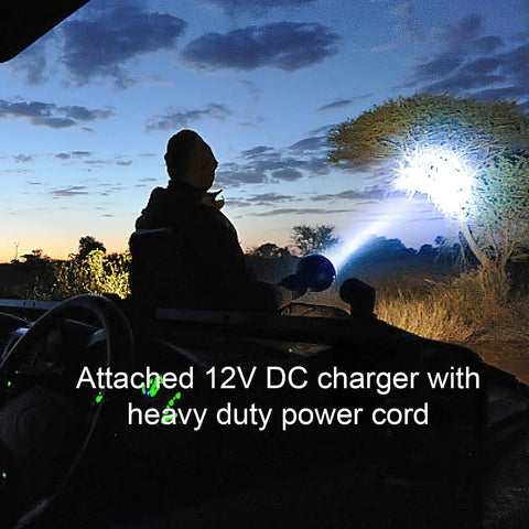 TacticPro 2000 Lumen HID Spotlight Floodlight for auto use with attached 12V DC charger illuminating a tree at dusk