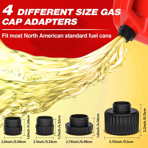 Four different size gas cap adapters for Portable Fuel Transfer Pump With Auto Stop, Fast 3.2 GPM, 51 Inch Hose, Battery And USB Powered, 4 Adapters, Leak Proof Gas Oil Diesel Transfer Kit For Cars, Lawn Mowers, Motorcycles And More