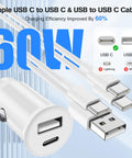 60W car charger with USB-C and USB-A ports, includes USB-C to USB-C and USB-A to USB-C cables for fast charging.