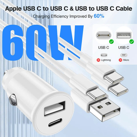 60W car charger with USB-C and USB-A ports, includes USB-C to USB-C and USB-A to USB-C cables for fast charging.