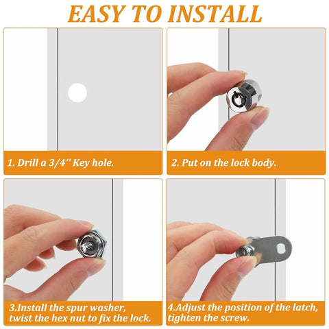 Installation instructions for Two Pack Tubular Cam Locks Seven Eighth Inch Cylinder fits cabinets and drawers keyed alike.