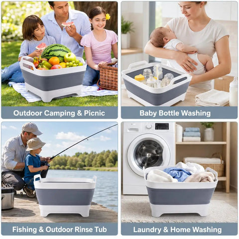 2.4 Gallon Collapsible Dish Basin With Drain Plug For Camping, RV, And Outdoor Use, Space Saving Foldable Sink Tub, Dishpan And Kitchen Storage Tray