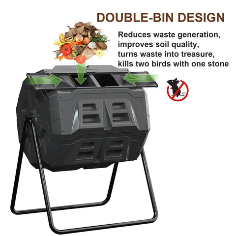 Rotating Compost Bin Dual Chamber Tumbler 43 Gallon Outdoor Garden Patio Kitchen Compost System with easy turning