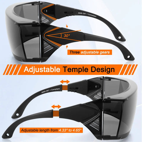 No Sweat Anti Fog Safety Glasses With ANSI Z87 Toughened Lenses UV400 Anti Scratch Side Shields and Quick Adjust Temples for Daily Jobsite Heavy Lifters in a reliable three pack gray kit showing adjustable temple design.
