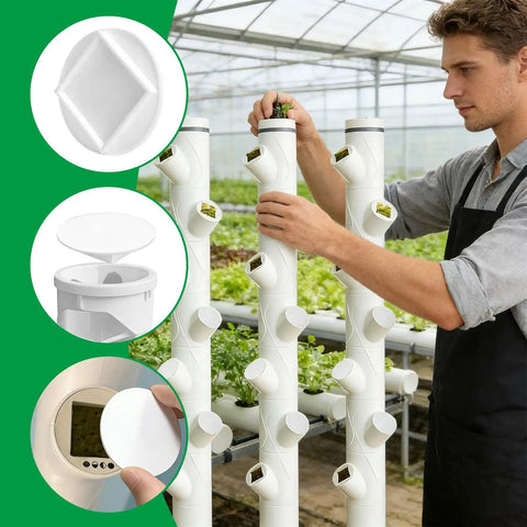 Man assembling Tower Pipe Cap Kit For Hydroponics With Snap Fit Connector Leak Proof Water Line Protection And Plant Spacing Inserts