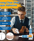 Man using All In One Clear Shoe Glue Kit With 5 Tubes Of 15Ml Each, Instant Bond Quick Fix Waterproof Adhesive For Leather, Rubber, Vinyl And Canvas