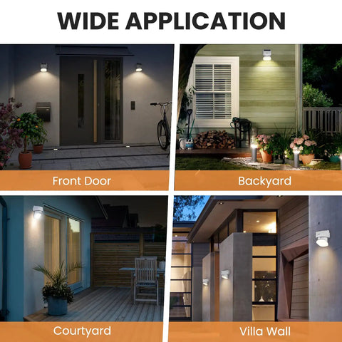 Solar Led Outdoor Flood Light With Motion Sensor Wireless Security Lighting For Backyard Fence Deck And Patio Dusk To Dawn 2000 Lumens White Multi Directional Lamp Easy Install No Wiring showcasing wide applications at front door, backyard, courtyard, and villa wall.
