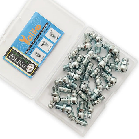 Pro Grade Quarter Inch 28 Thread Grease Fitting Assortment Kit With Straight 45 Degree And 90 Degree Zerk Fittings, Galvanized Steel