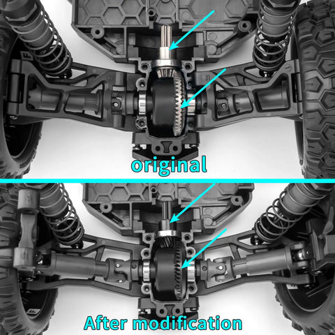 Comparison of original and modified steel differential gear for Traxxas 1/16 scale mini trucks, Beefed Up Steel Front And Rear Differential Gear Set For Traxxas 1 To 16 Scale Mini Maxx Mini Slash XRT VXL 3S Monster Truck Spiral Cut Upgrade Durable RC Diff Gears For Smoother Drivetrain And Long Lasting Performance