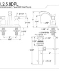 Technical diagram of a 4 Inch Centerset Bathroom Faucet in Polished Brass, Durable Brass Zinc Alloy and ABS Construction, Deck Mount Three Hole Install, 1.2 GPM Flow at 60 PSI, showcasing dimensions and assembly details.