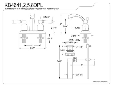 Technical diagram of a 4 Inch Centerset Bathroom Faucet in Polished Brass, Durable Brass Zinc Alloy and ABS Construction, Deck Mount Three Hole Install, 1.2 GPM Flow at 60 PSI, showcasing dimensions and assembly details.