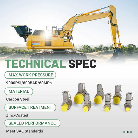 JIC37 Hydraulic Swivel Run Tees Set 7 Pack For Excavators And Heavy Machinery Tee Connectors And Tester Couplings Pro Grade High Pressure Hydraulic Fitting Test Kit Up To 9000 PSI displayed with yellow excavator and technical specs.