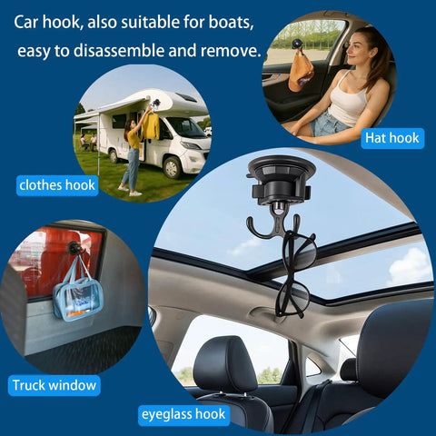Heavy Duty Suction Cup Hook With Bombproof Grip For Window And Glass Walls Featuring Industrial Grade Nano Pu Base Extreme Temperature Resistant Build Quick Twist Install Holds Your Gear Secure No Sweat Guaranteed used for clothing and eyeglasses in car and RV.