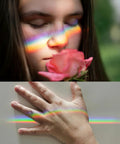 Equilateral Crystal Prism Set in 1 Inch 2 Inch and 4 Inch Sizes for Physics Teaching, rainbow on face and hand from prism refraction