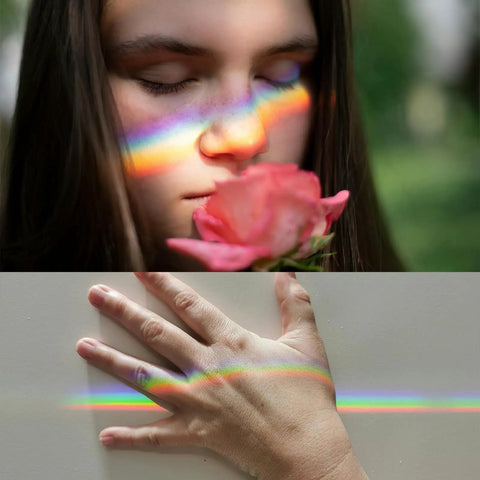 Equilateral Crystal Prism Set in 1 Inch 2 Inch and 4 Inch Sizes for Physics Teaching, rainbow on face and hand from prism refraction