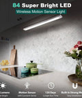 Installed 84 LED Wireless Closet Lights With Motion Sensor above kitchen counter, 220 lumens, battery-powered, magnetic attachment.