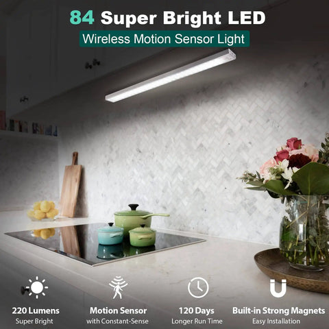 Installed 84 LED Wireless Closet Lights With Motion Sensor above kitchen counter, 220 lumens, battery-powered, magnetic attachment.