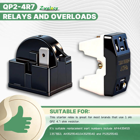 Two Piece PTC Starter Relay And Overload Protector Kit for mini fridges and LG compressors, includes QP2-4.7 and 6750C-0005P relays.