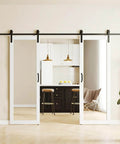 60 Inch Wide Mirror Sliding Barn Door Set With Two 30 Inch Panels, 84 Inch Tall, Full Length Mirror Insert, installed in living room.