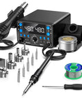 Top-Notch 2-in-1 SMD Hot Air Rework and Soldering Station with LED Display, soldering iron, hot air gun, tips, accessories displayed