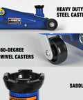 Close-up of 3 Ton Hydraulic Floor Jack with 6000 lb capacity showing heavy-duty steel casters, swivel casters, and saddle feature